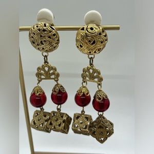 Runway 1980's Amy Jo of New York Red & Gold Clip On Earrings